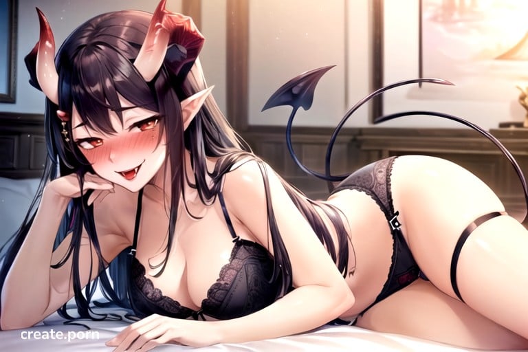 Succubus Tail Mischievous Smiling While Blushing Lingerie Hentai AI