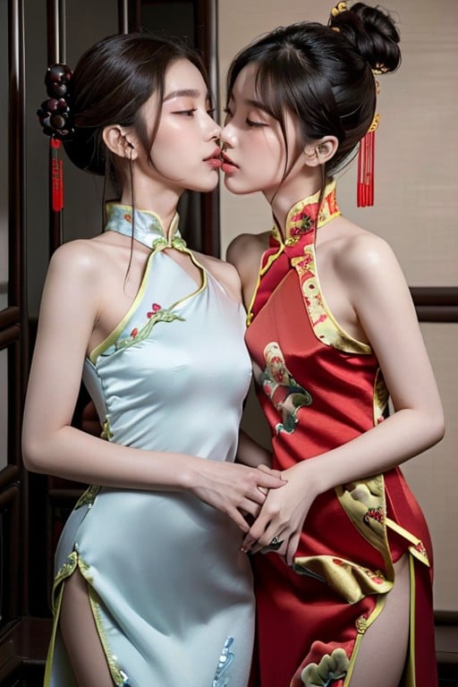 Skinny Small Breasted Chinese Girls In Chinese Dress Exposing