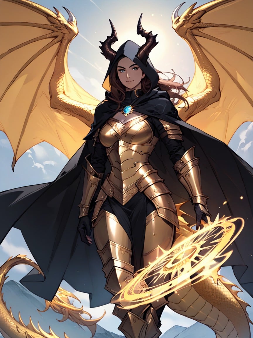 Black Cape Armored Leggings Big Golden Dragon Wings Ai Porn