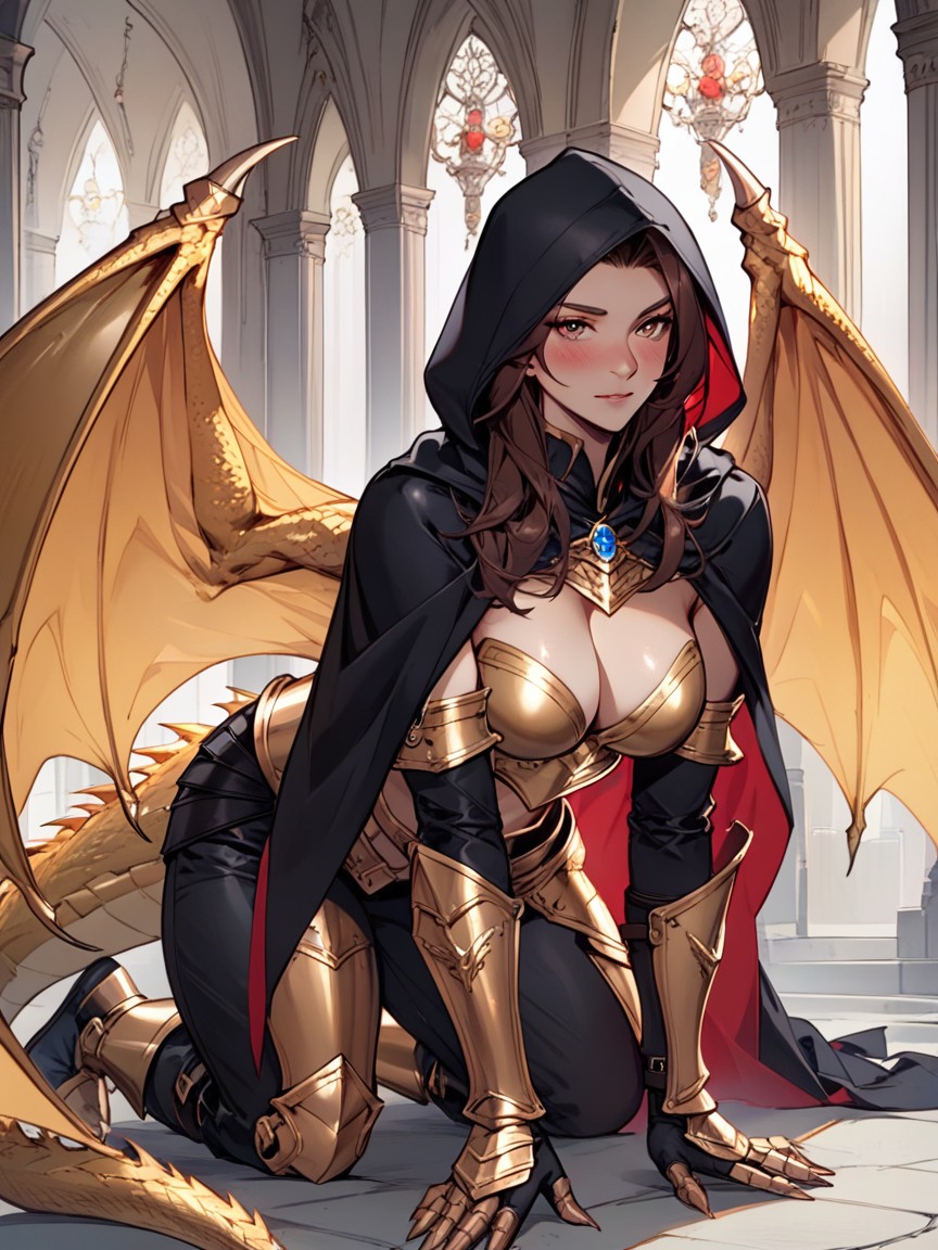 Golden Dragon Girl Big Golden Dragon Wings Armor Gloves AI Porn