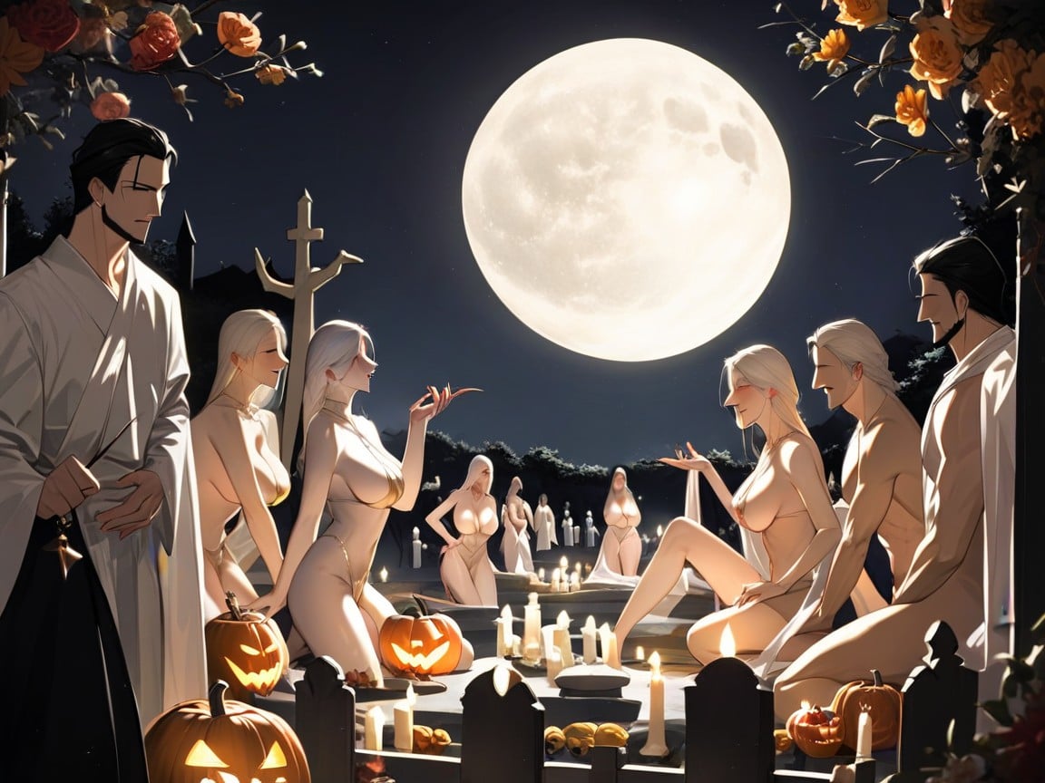 Many Naked Witches Dancing Under A Full Moon In A Graveyard With Bats