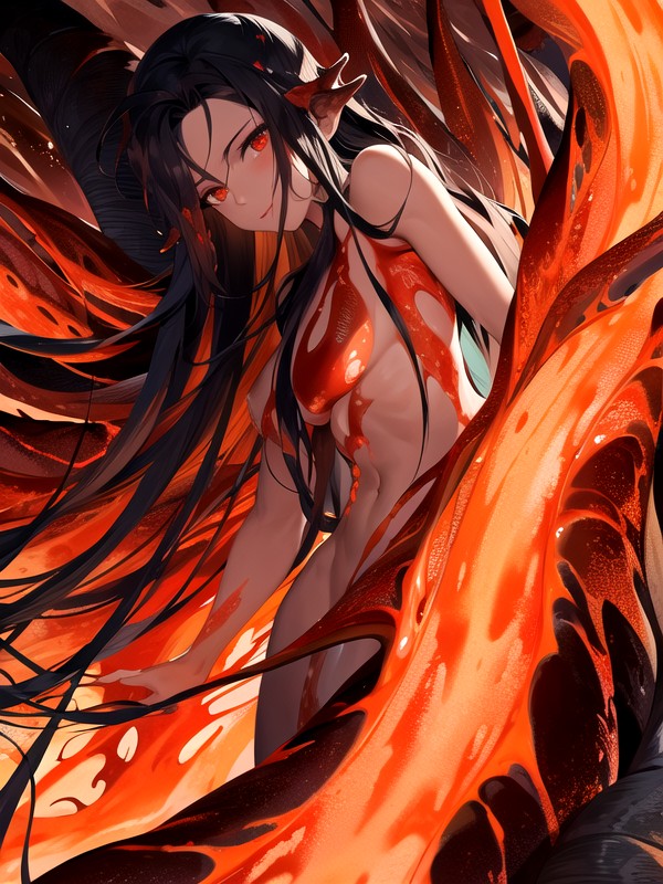 Skin With Flowing Lava Patterns, Volcano Deity, Against A Backdrop Of A Land With Flowing Molten Lava AI Porn