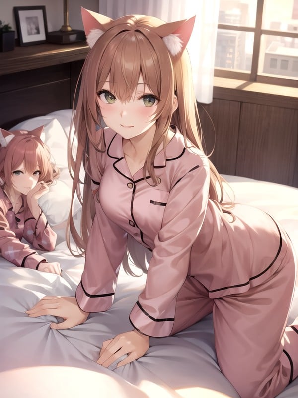 Anime Pajama Porn - Wearing Pajamas, Playful Pose, Surrounded By Soft Pillows And Warm Lighting  AI Porn