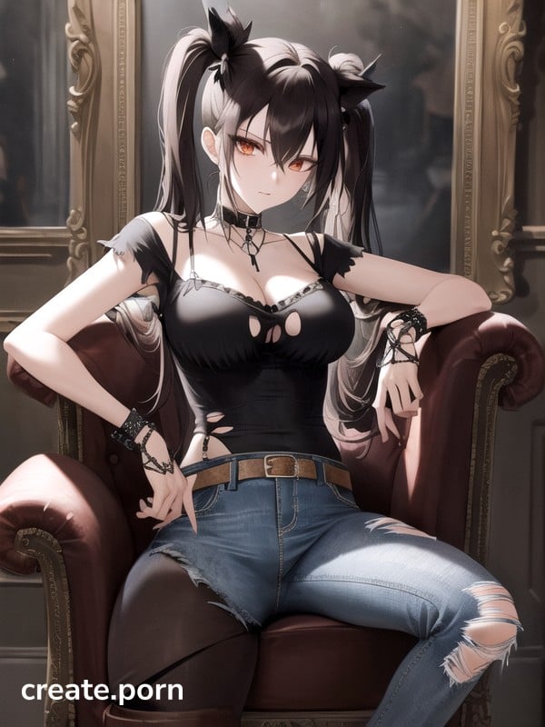 Torn Shirt And Jeanswith A Whip Goth Girl Pigtails With Bowssitting On A Thronebust Shot Hentai AI Porn