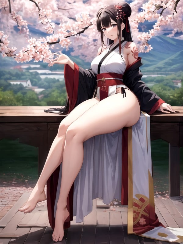 Wearing Short Cherry Blossom Colored Hanfu With Flower Details, Bottom Up (upskirt), Twin Buns Hair Hentai AI Porn
