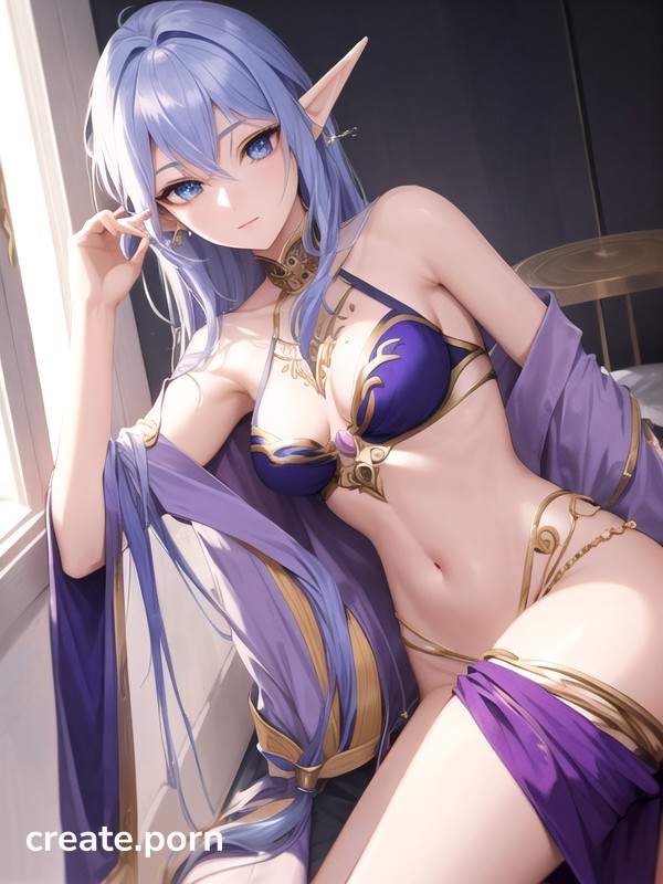Astral Elf With Purple/blue Hair Harem Pants Paired With A Tiny Off-the-shoulder Top A Genie's Lamp Hentai AI Porn