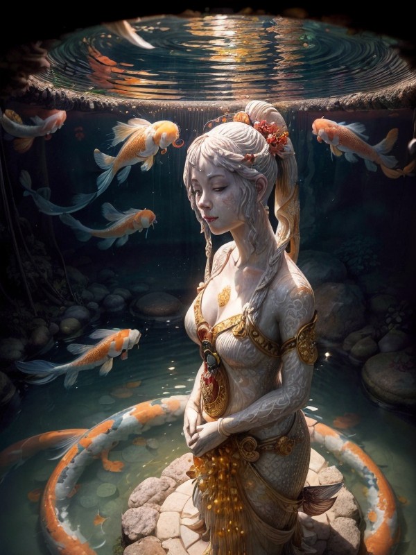 Underground Koi Pond, Hyper-realistic, Moss And Tiny Ferns Adorning Her AI Porn