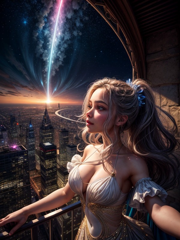 A Woman Stands, Atop The Tallest Spire, A Cityscape Like No Other Reveals Itself Suspended By Anti-gravity Fields AI Porn