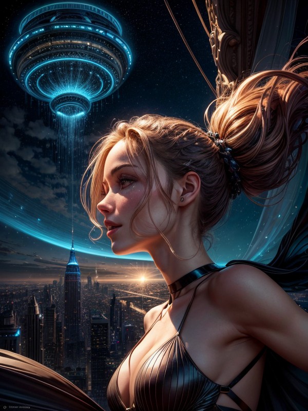 Her Hair Flowing Like A Waterfall Of Stars, Dance And Twist In The Air, Bird-like Drones At The Heart Of The City AI Porn