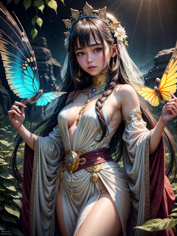 Woven From The Very Fabric Of The Night Sky, As If Sharing Whispered Secrets She Is Draped In A Gown, A Small Fawn With Eyes That Contain The Cosmos Hentai AI Porn