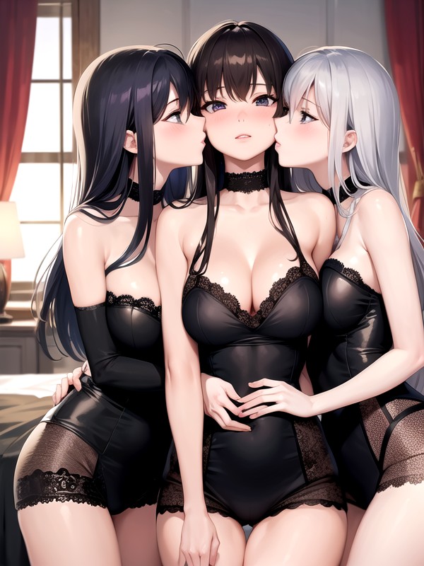 Triplet Girls Front View Coordinated Lacy Lingerie AI Porn