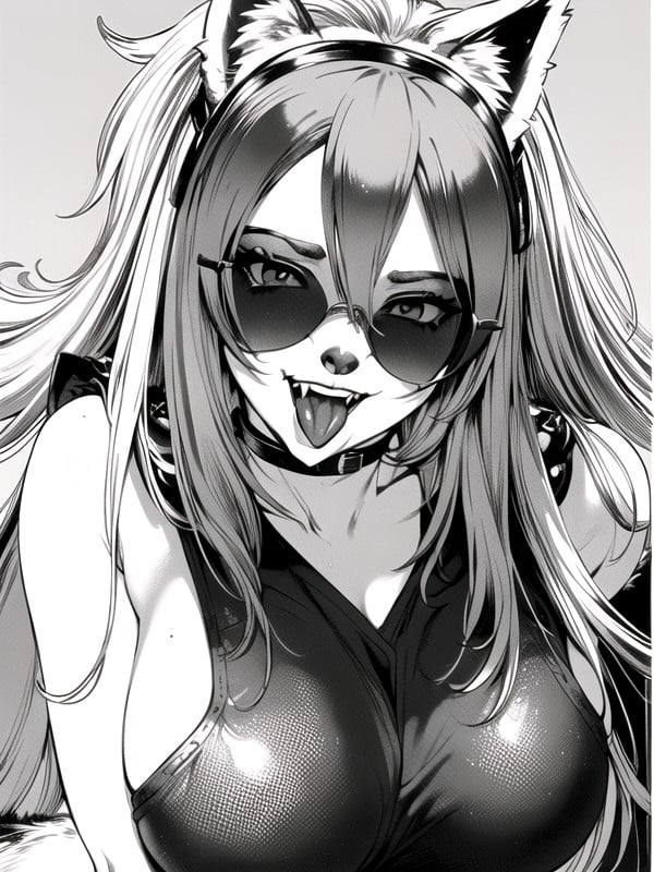 600px x 800px - B Furry Wolf Sunglasses On Forehead Long Tongue Out Teeth Out Closeup, Black  & White Manga