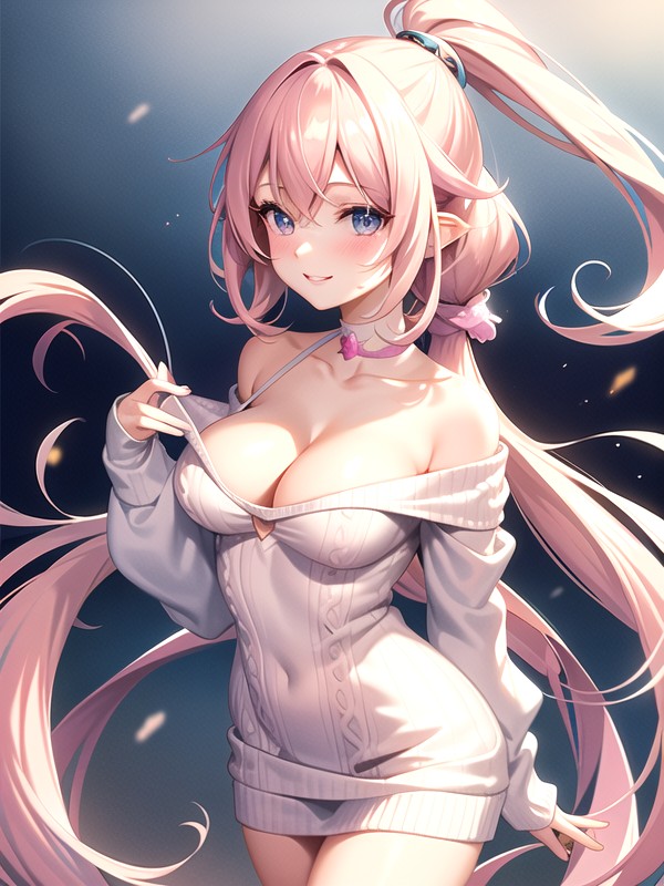 Anime-style Girl, Close-up, Cute Oversized Sweater Slightly Off The Shoulder Revealing CleavageHentai KI Porno