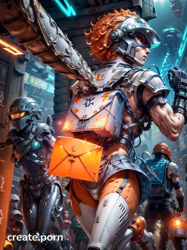 Futuristic Helmet, Box Of Mail On His Back, Smirk Hentai AI Porn