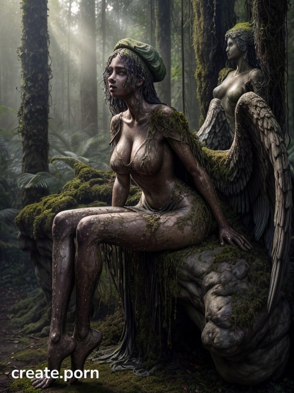Majestic Woman With Lovely Skin, Jungle, Tall Statue AI Porn
