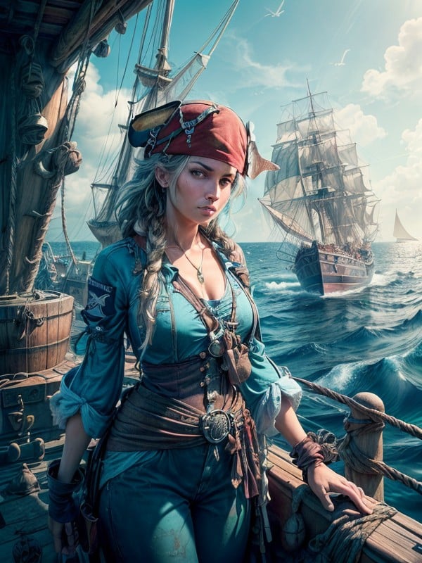 Sails Billowing In The Strong Sea Breeze, Tattered Flags Fluttering Atop, Panoramic View AI Porn