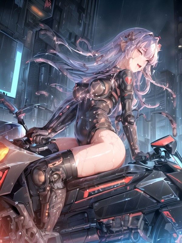 A Lot Of Thick Cables Connect To Her Head, Riding A Futuristic Motor Bike, Metal Body Hentai IA