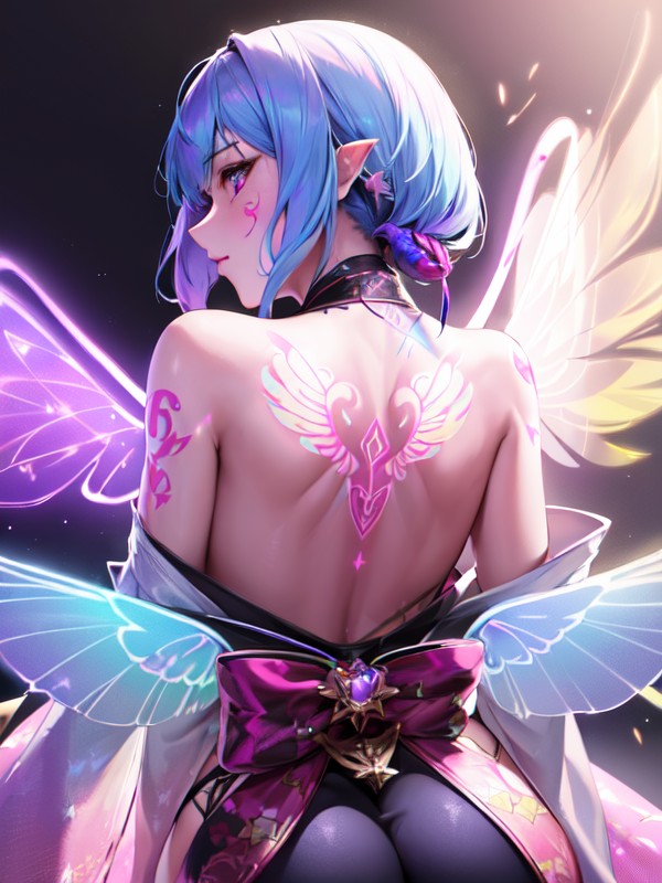 Looking Back, Glowing Large Holographic Wings Tattoos On Back, Kimono Hentai AI Porn