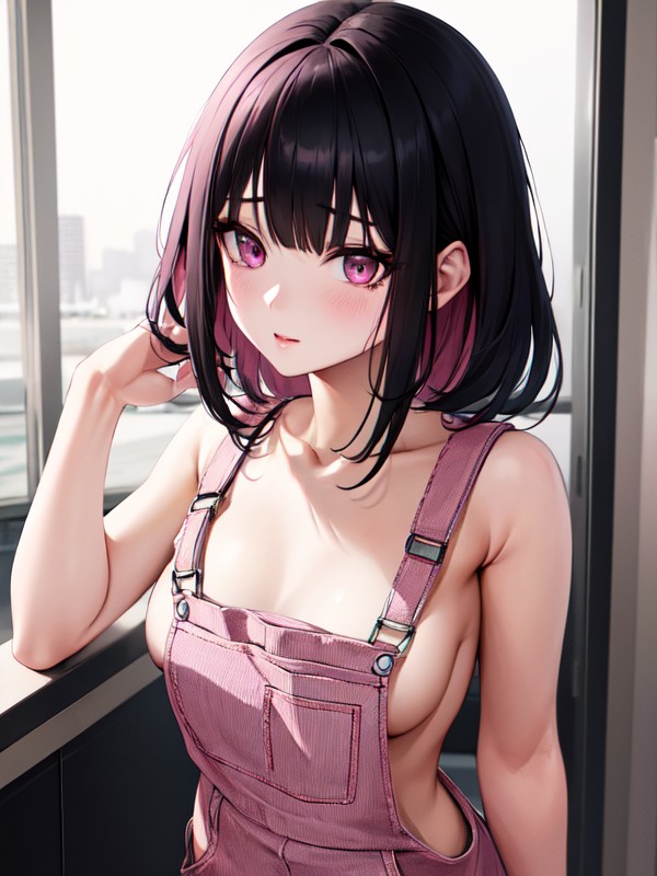 Black Anime Naked - Black Hair, Naked Pink Overalls AI Porn