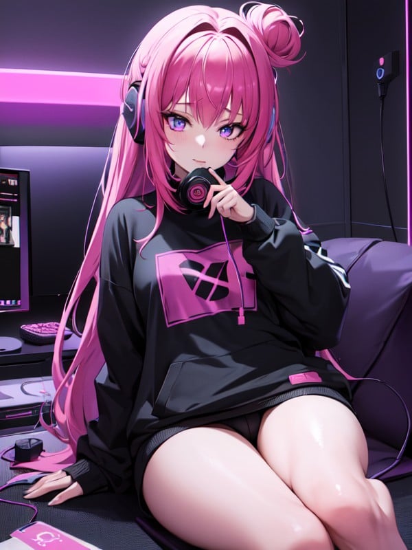 Anime Girl Headphones Only Porn - Anime-style Girl, Gaming Headset Resting Around Her Neck, Holding A  Controller With Focused Expression AI