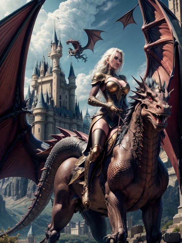 A Women Riding A Dragon, Dragon Attacks A Castle AI Porn