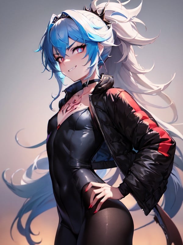 Ponytail, Jacket Over Shoulders, Wide Grin Hentai AI Porn