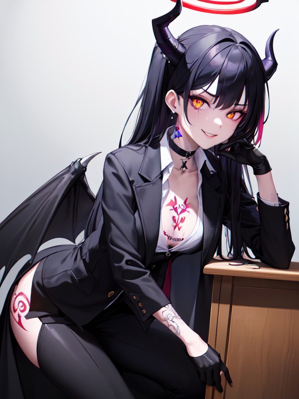 Feathered Demon Wings, Putting On Gloves, Vibrant Orange Pupils Hentai AI Porn