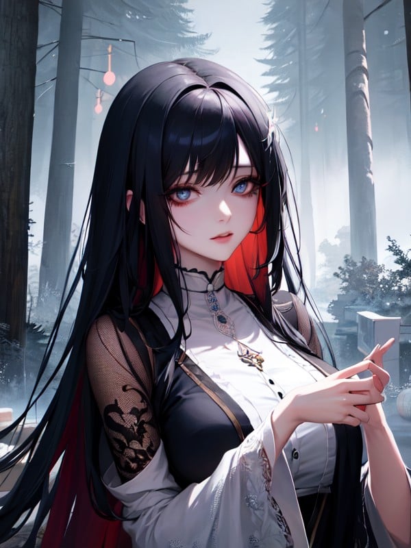 Portrayed In A Tasteful, Flowing Black Hair And Captivating, Dreamlike Landscape With Surreal Elements Hentai AI Porn