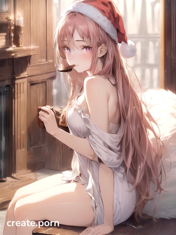 Pink Hair, She Wears A Cute Santa Hat And Sexy Night Gown, Thighs Exposed Hentai AI Porn