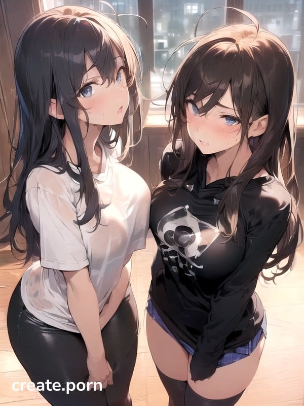 Black Anime Lesbians Kissing - Front View, Girls Kissing, Oversized T-shirt AI Porn