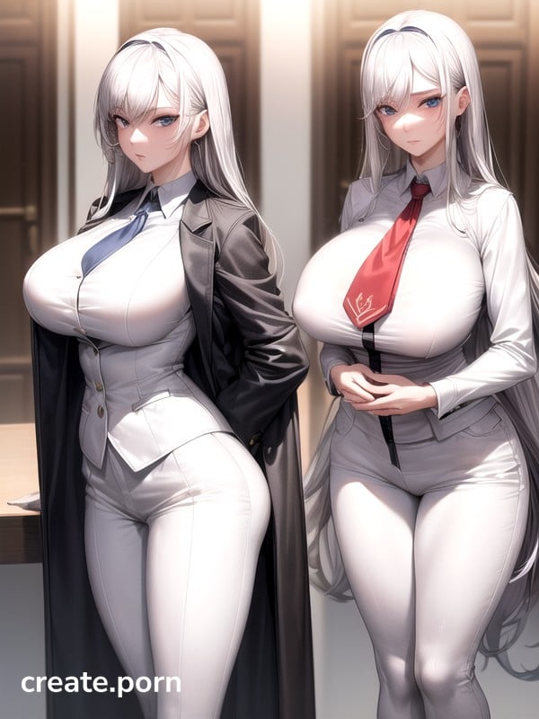 Big Tits Suits - 1 Person, Massive Breast, Big Tits In Buttoned Up White Business Suit And  White Pants Long