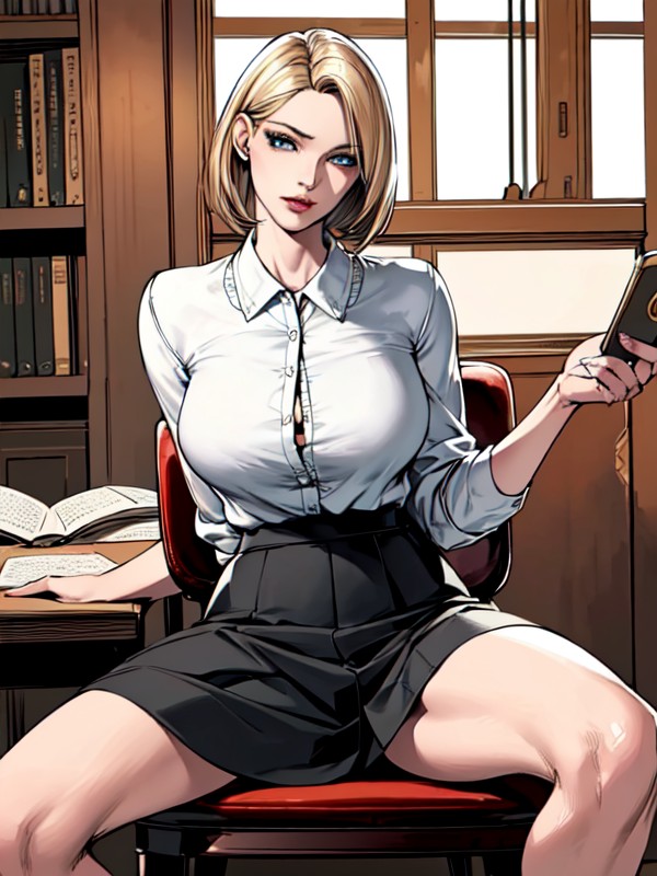 Underwear, Leaning Slightly Back In The Chair, Grey Green Eyes AI Porn