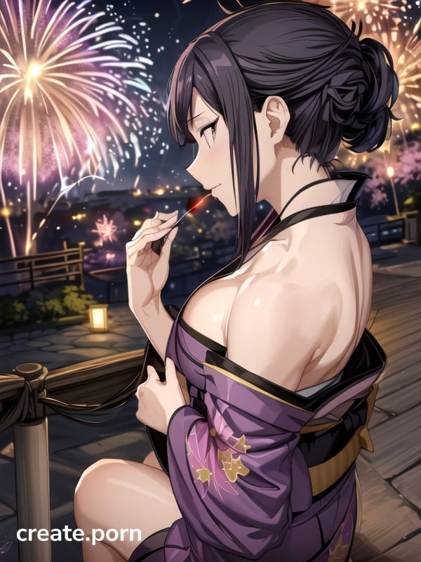 Accurate Body, Fireworks In Background, Kimono Reveals On Thigh Hentai AI Porn