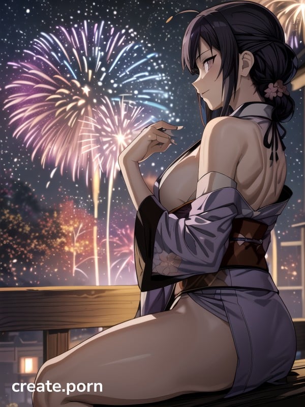 Slight Turn To Look Behind Herself, Fireworks In Background, Side View Hentai AI Porn
