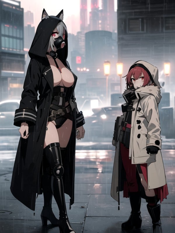 Night, Fur Coat, Gas Mask Hentai AI Porn