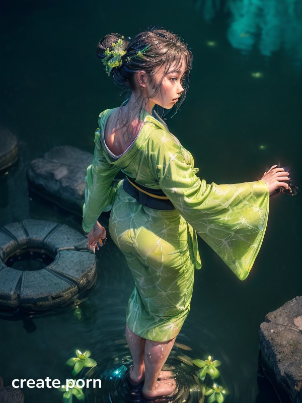 Bioluminescent Rings On The Water From Her Foot Steps, Beautiful Long Kimono, Detailed Face AI Porn