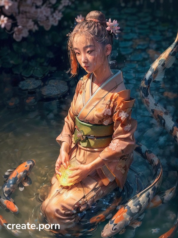 Small Koi Fish Swims In Her Hand, Front View, Night Time AI Porn