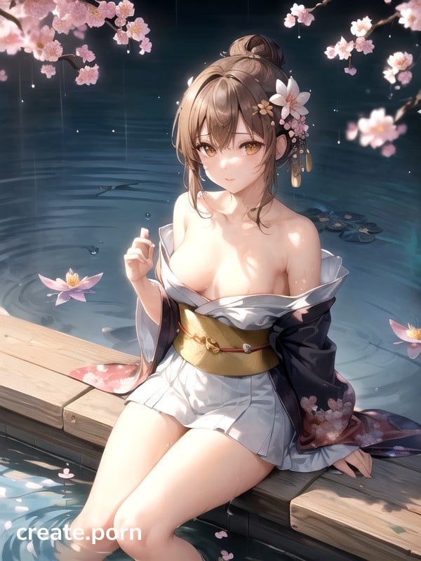 Night Time, One Shoulder Remains Covered, Wearing A Beautiful Kimono Hentai AI Porn