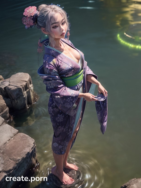 She Looks Down At Her Feet, The Dark Night Creates A Gloomy Lighting, Beautiful Long Kimono AI Porn