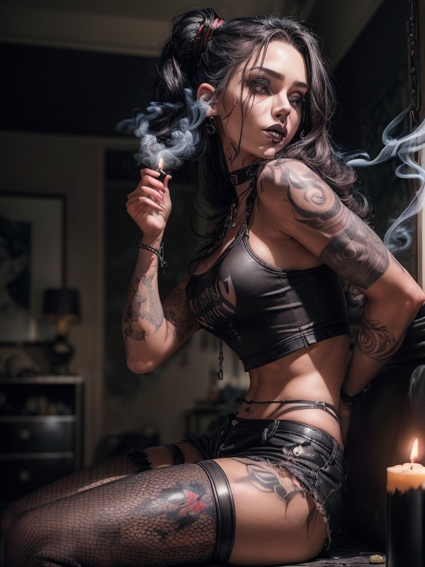 Lots Of Smoke In Her Room, Sleeveless T-shirt, Black Hair AI Porn