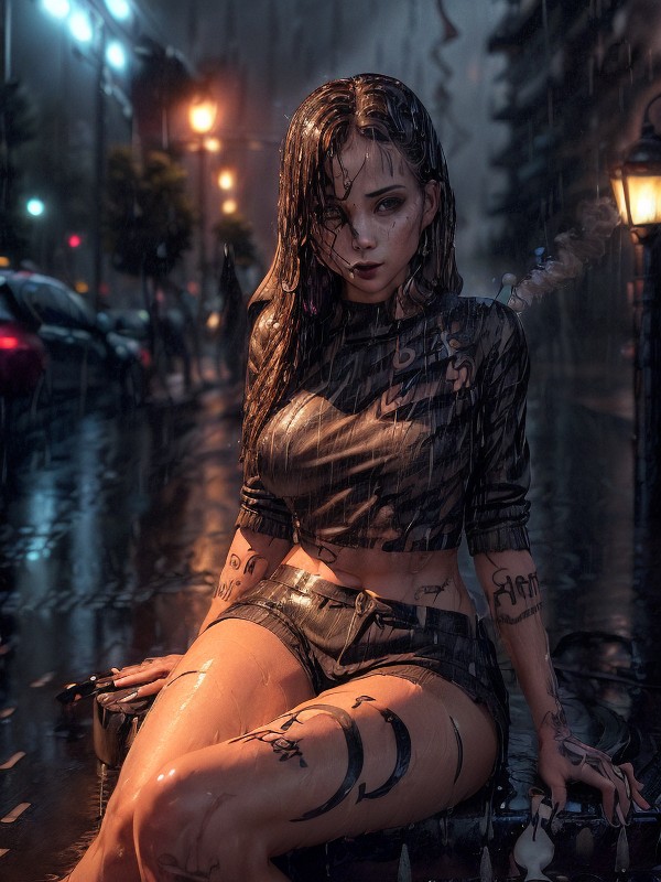 Black Lipstick, Skin Tight T Shirt, Back Against The Lamp Pole AI Porn