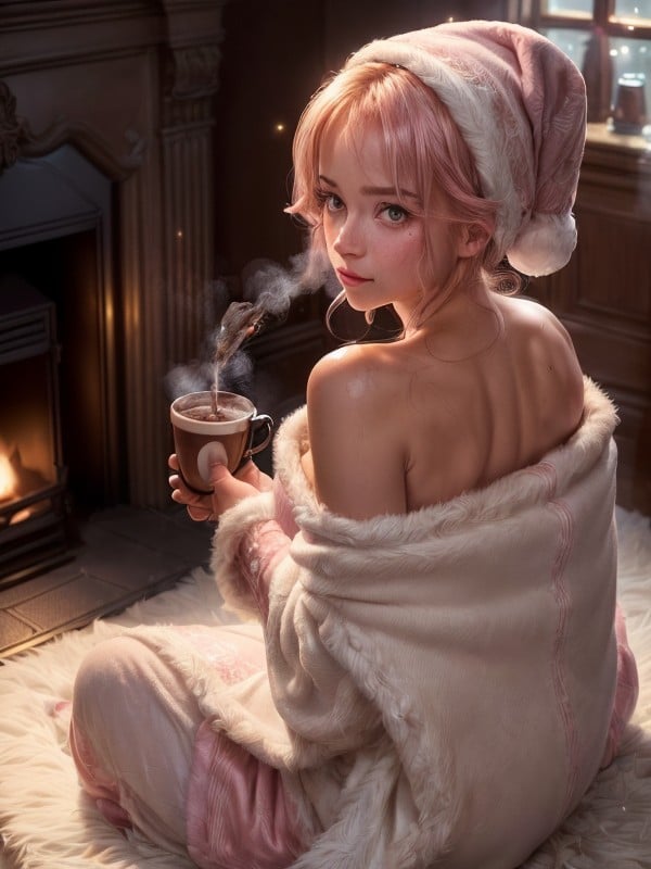 She Has A Cozy Blanket Draped Over Her Arms From Behind, Cute Face, Looking At Viewer AI Porn