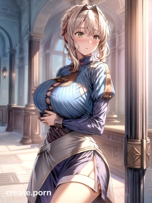 Violet Evergarden Huge Tits Anime-accurate Blue Dress Front Facing, Arms  Crossed, Breast Expansion AI Porn