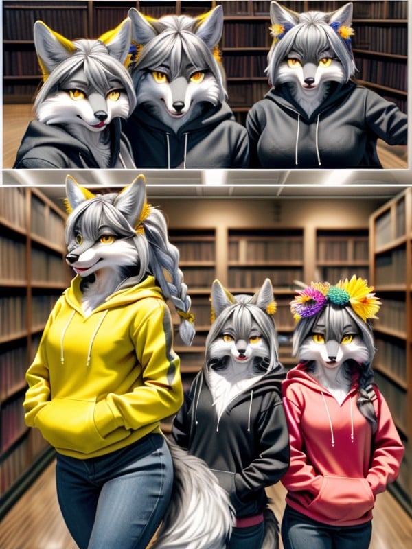 Ash_gray Wolf Girls, Hoodie, Multiple Girls Furry AI Porn
