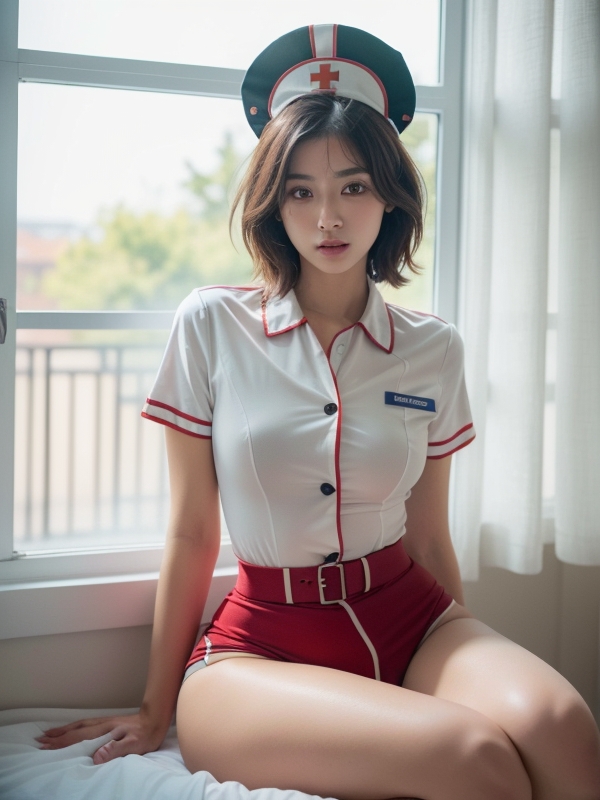 Clear And Pale Complexion Akin To Transparency Ultra Detailed Body, Hospital Room Hospital Bed Iv Drip Ekg Machine White And Red Nurse Shirt Black T-panty Beautiful Face, 18 AI Porn