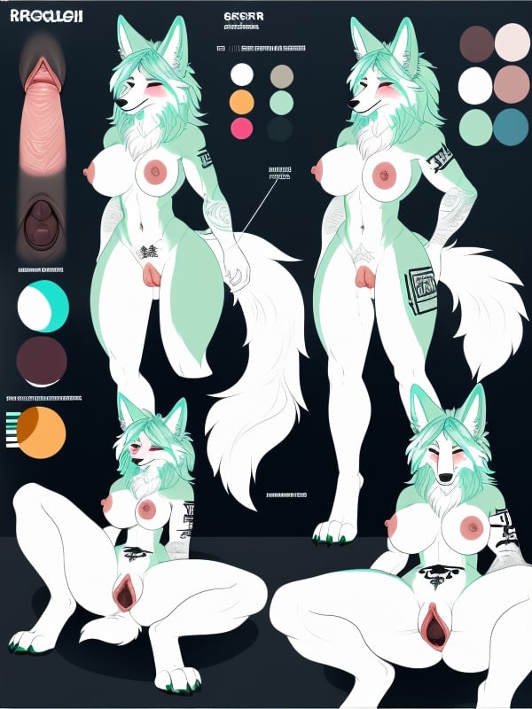 Multiple Pussy K View, Detailed Muscle, Ref Sheet Furry AI Porn