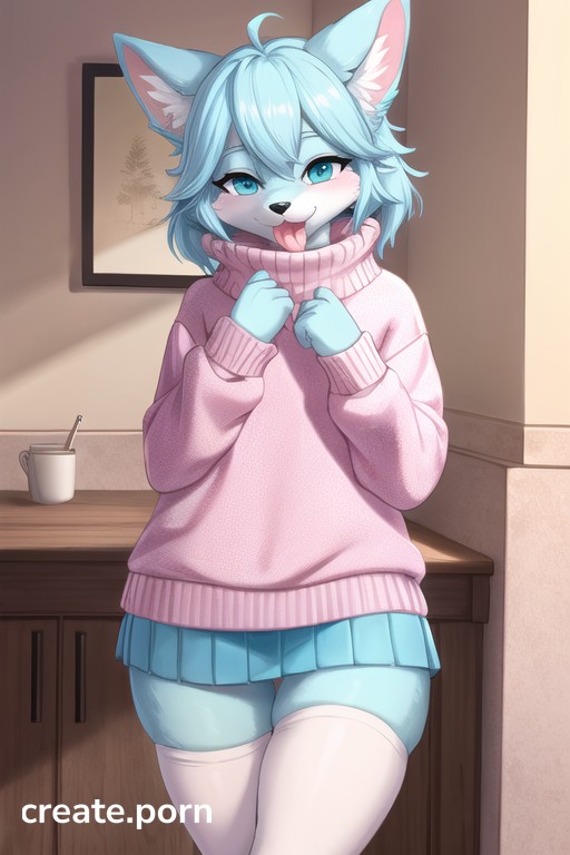 Wooly Sweater Gpoing Down To Thighs, Pink Wooly Sweater With Turtle Neck, Big Tail Furry AI Porn
