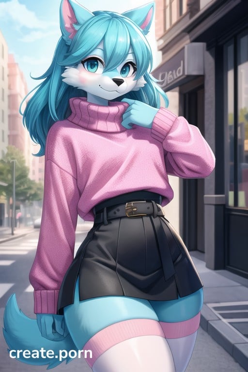 Cute, Big Pink Wooly Sweater, Cyan & White Furry Furry IA
