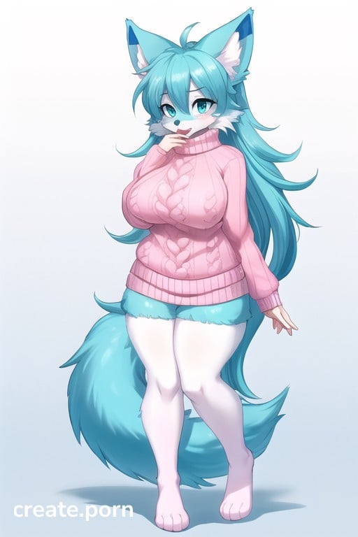 Fit, Light Blue Hands, Wooly Sweater Down To Thighs Furry AI Porn