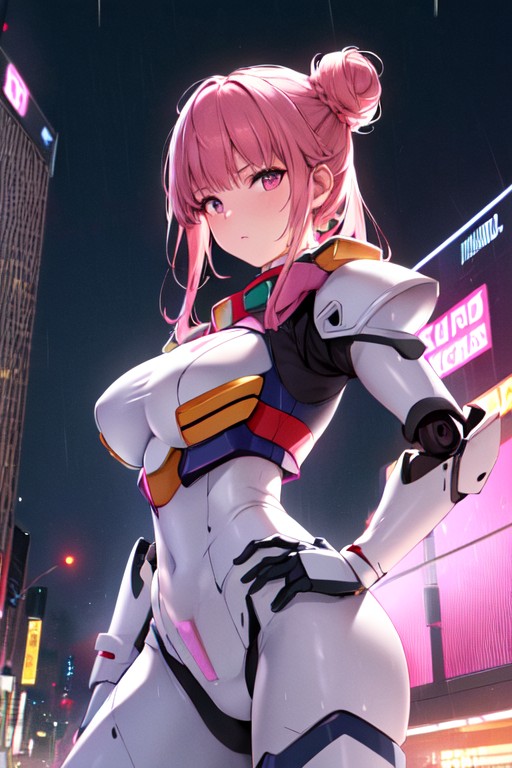 Cyberpunk City, Wearing Pink And White Gundam Armour, Hair Bun Hentai AI Porn